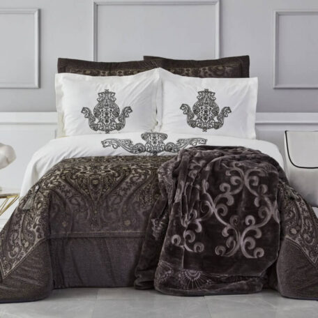 Комплект постельного белья с покрывалом и пледом Karaca Home “Glamour simli/antrasit